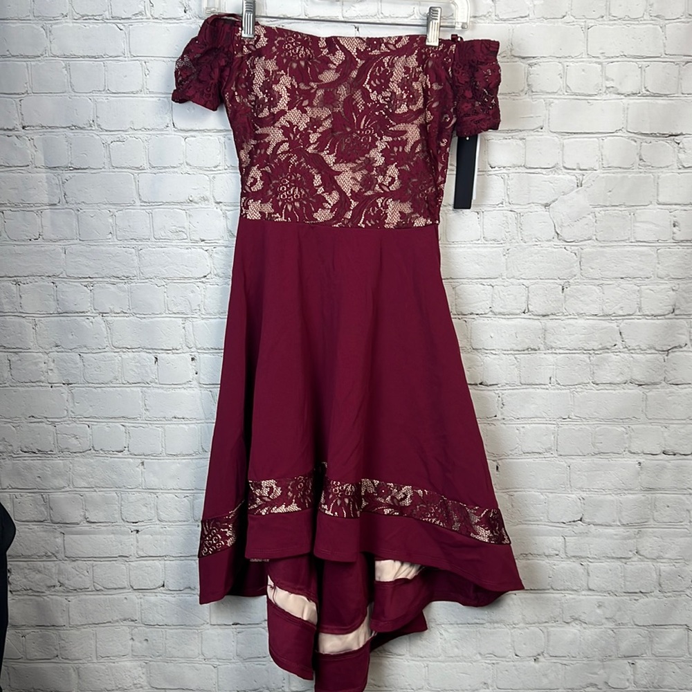 City Studio Burgundy Off Shoulder High Low Dress Prom Juniors Size 1 - Picture 2 of 5